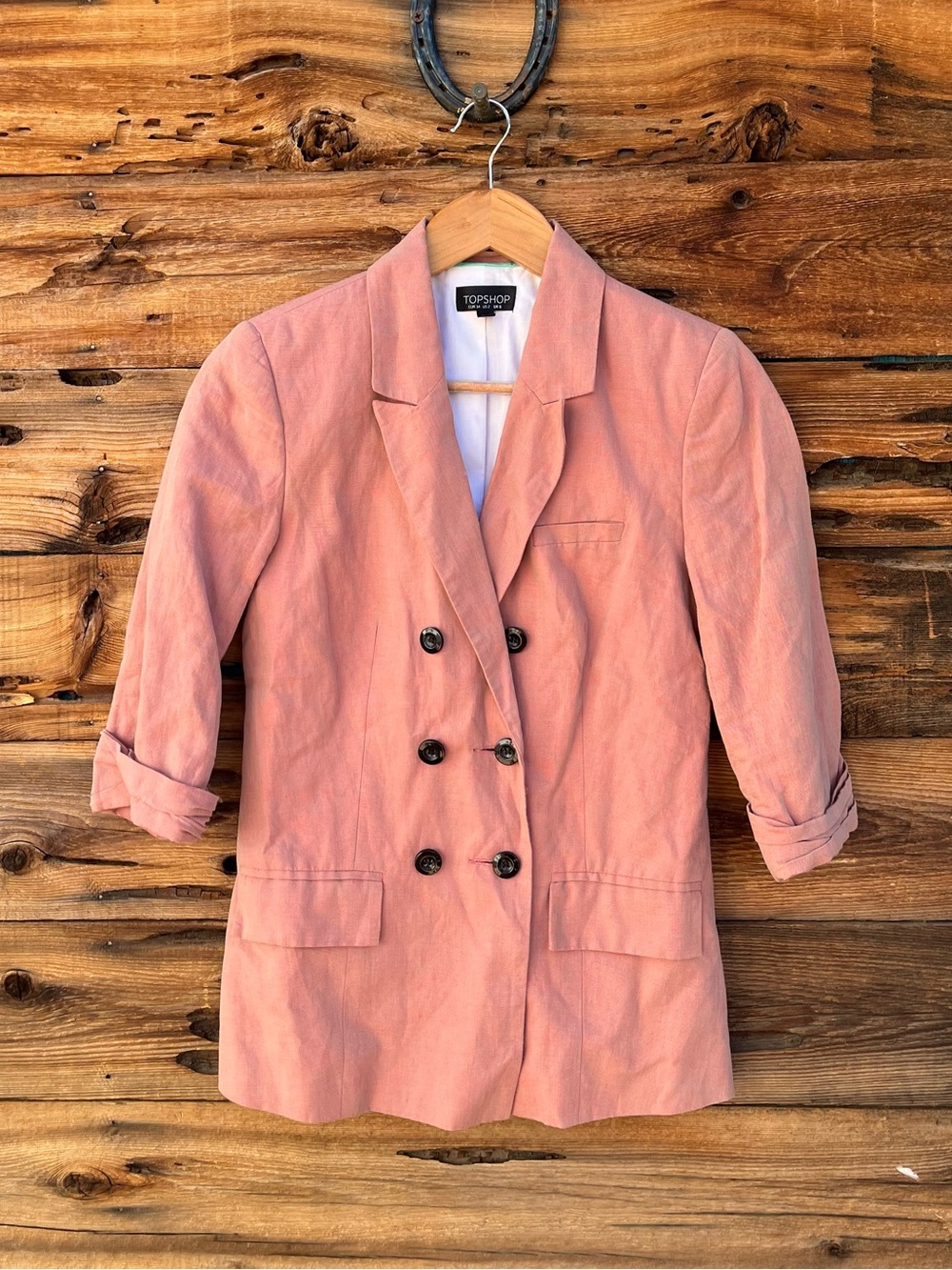 TOPSHOP | Pink Salmon Double-Breasted Linen Blend Blazer 2